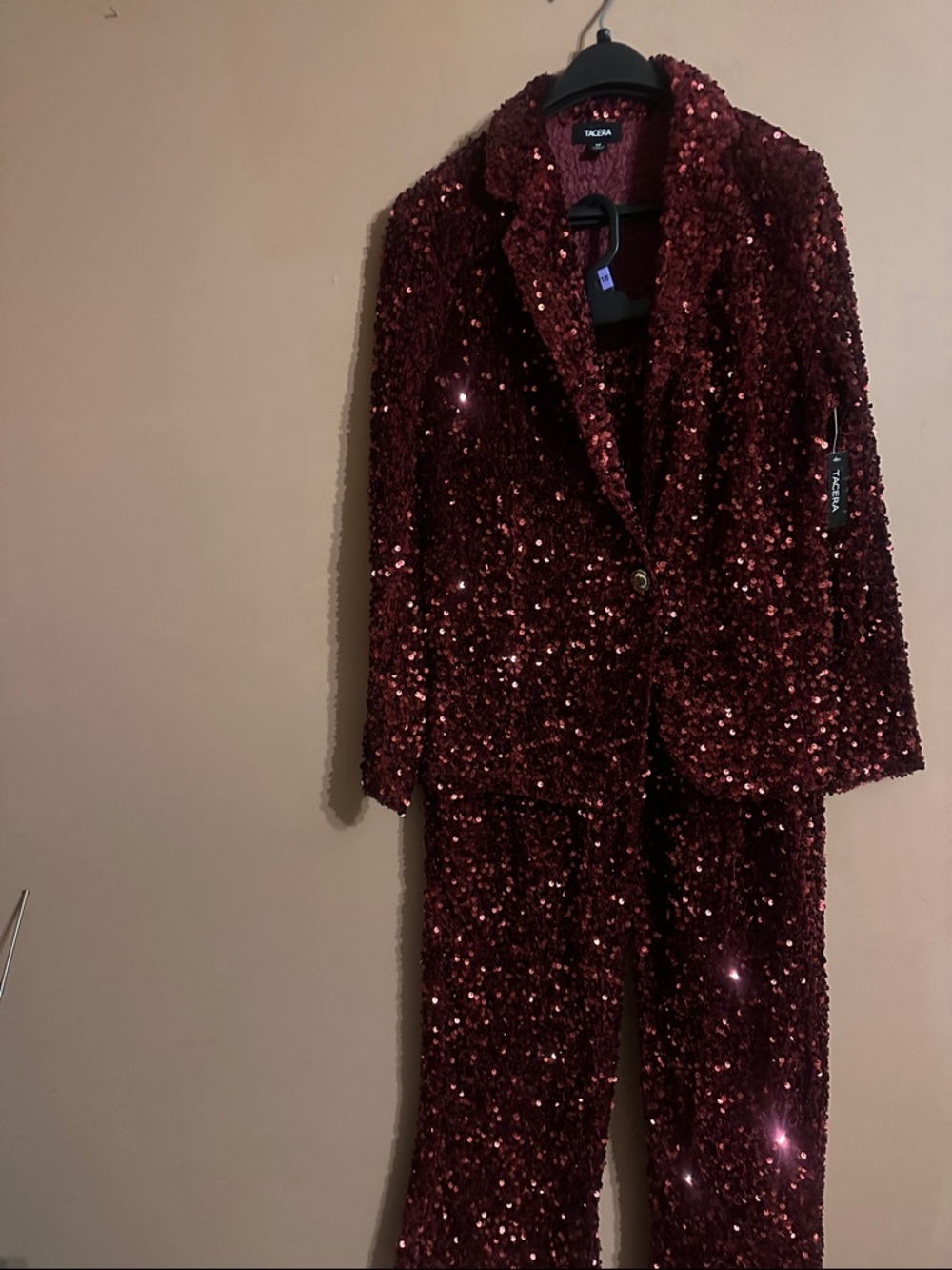 Tacera Burgundy Sequin Blazer and Pants Set